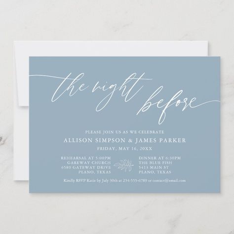 Dusty Blue The Night Before Rehearsal Dinner Invitation  Zazzle The Night Before Wedding, The Night Before Rehearsal Dinner, Night Before Wedding, Rehearsal Dinner Invites, Wedding Rehearsal Dinner Invitations, Blue Minimalist, Spring Wedding Invitations, Rehearsal Dinner Invitation, Dusty Blue Wedding