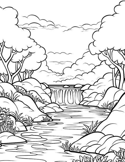 How To Draw A Rainforest, Rain Forest Drawing Easy, The Last Of Us Coloring Pages, Simple Landscape Coloring Pages, Outdoor Coloring Pages, Waterfall Coloring Pages, Simple Nature Drawing, Fall Stencils, Nature Coloring Pages