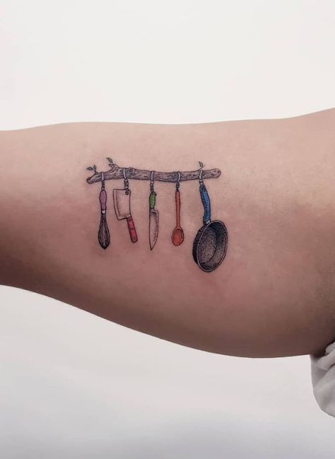 Chef Related Tattoos, Cook Tattoo Ideas, Small Chef Tattoos, Cooking Tattoo Ideas For Women, Kitchen Tattoo Ideas, Culinary Tattoos For Women, Cook Tattoo Chef, Chef Tatoos Culinary Tattoos, Small Food Tattoos