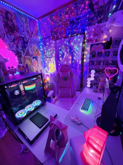 Streamer Room Aesthetic, Rainbow Gaming Setup, Gaming Room Ideas, Anime Bedroom Ideas, Anime Bedroom, Room Gaming, Computer Gaming Room, Otaku Room, Gamer Room Decor