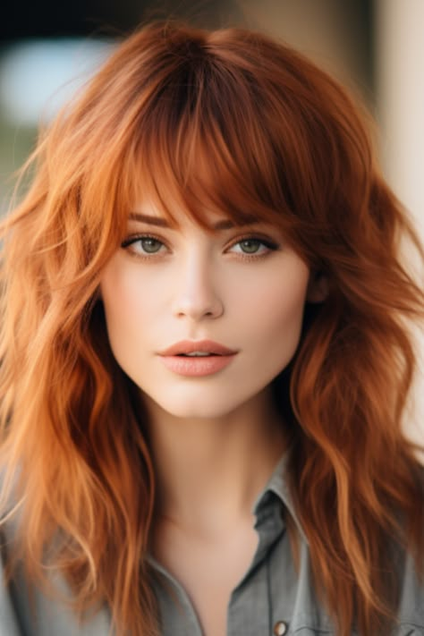 The copper fringe with ashy undertones offers an edgy contrast that draws attention to your face. The ashy undertones provide depth, making the copper fringe pop. Click here to check out more lovely copper hair color ideas for 2023. Red Hair With Bangs, Copper Hair Color, Long Red Hair, Auburn Hair, Copper Hair, Red Hair Color, Ginger Hair, Cortes De Cabello, Hair Today