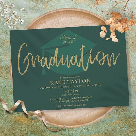 $2.8 - Emerald Green And Gold Script Graduation Party - graduation, class of 2023, graduate, senior high school, university, college, grad party, graduation hat, gold, emerald green Modern Graduation Party, Exercise Planner, Graduation Invitations High School, College Grad Party, Graduation Party Cake, Gold Graduation Party, College Graduation Party, Graduation Templates, Emerald Green And Gold