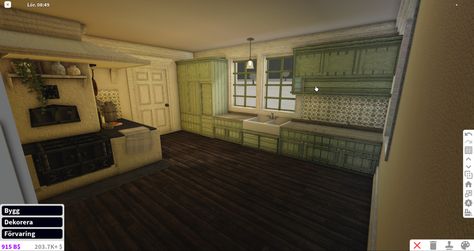 Bloxburg Victorian Kitchen, Victorian Kitchen Bloxburg, Bloxburg Neighborhood, Victorian House Kitchen, Interior Bloxburg, Bloxburg Victorian House, Bloxburg Rooms, Bloxburg City, Bloxburg Interior