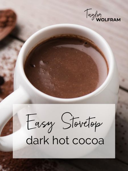 Rich hot cocoa on the stovetop is easier than you think! It's quick and simple and best of all: you get to customize the ingredients! Dark Chocolate Drink Recipe, Homemade Dark Hot Chocolate, Organic Hot Cocoa Recipe, Dark Chocolate Hot Chocolate, Dark Hot Chocolate Recipe, Dark Chocolate Hot Cocoa Recipe, Cocoa Drink Recipe, Dark Chocolate Hot Cocoa, Dark Hot Chocolate