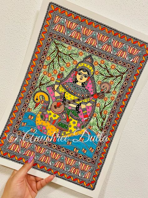 #madhubani Katchni Madhubani Painting, Saraswati Madhubani Painting, Madhubani Art Design, Patachitra Art, Madhubani Drawing, Madhubani Paintings Peacock, Bird Silhouette Art, Saraswati Mata, Mithila Art