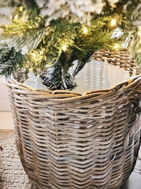 How To Style A Christmas Tree In A Basket - Liz Marie Blog Christmas Tree In Basket With Blanket, Tree In A Basket Christmas, Small Christmas Tree Basket, Christmas Tree In A Basket Ideas, Baskets For Christmas Trees, Tree In Basket Christmas, Pencil Tree In Basket, Small Christmas Tree In Basket, How To Put A Christmas Tree In A Basket