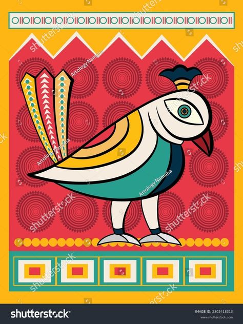 The bird is portrayed in a unique and stylized manner, with exaggerated features and bold lines. The use of vivid colors is also a characteristic feature of Kalighat painting, and in this artwork, the bird is painted in bright shades of blue, yellow, and red, which add to its overall beauty and vibrancy. Kalighat Paintings Easy, Kalighat Paintings Folk, Indian Folk Art Drawing, Indian Folk Art Painting, Folk Art Drawing, Kalighat Paintings, Event Ideas Creative, Art Drawing Ideas, Mithila Painting