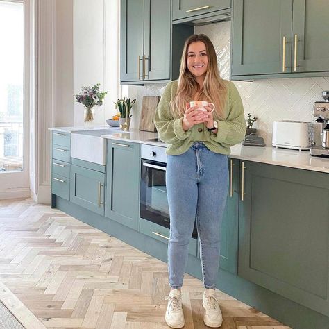 Open Plan Green Kitchen Living Room, Green In Frame Kitchen, Herringbone Floor Open Plan, Celadon Green Kitchen, Scandi Green Kitchen, Green Kitchen Brass Handles, Open Plan Green Kitchen, Safe Green Kitchen Cupboards, Safe Green Kitchens