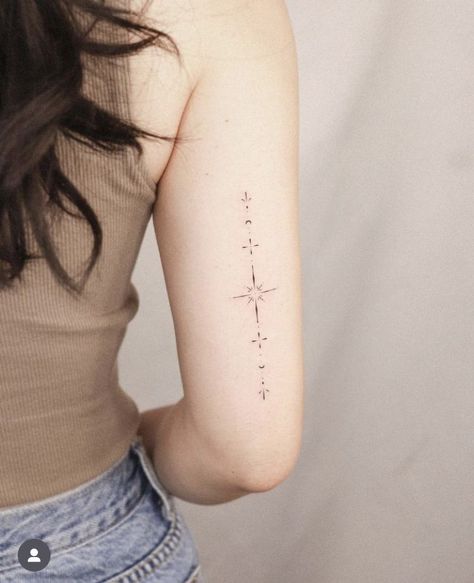 Line Of Stars Tattoo, Fine Line Tattoo Ideas For Women Arm, Malta Tattoo, Tricep Tattoos Women, North Star Tattoo, Stardust Tattoo, Sarah Tattoo, Tattoo Mother, Tricep Tattoos