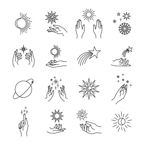 Aesthetic hands and cosmic and celestial elements. Universal cosmos related icons. Linear vector illustrations. Magic and Witchcraft symbology. Magic Icons Aesthetic, Celestial Art Illustrations, Celestial Aesthetic Art, Celestial Drawings, Cosmic Illustrations, Celestial Icons, Psychic Art, Spiritual Icons, Celestial Illustration