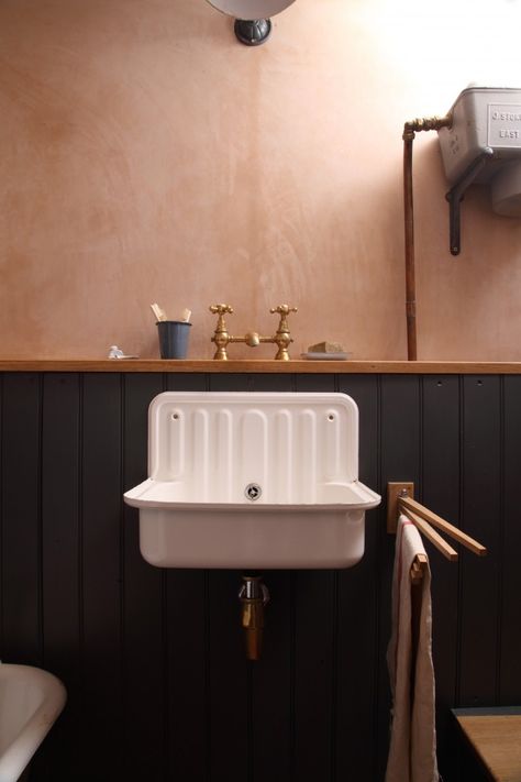 Bathroom of the Week: A Vintage-Inspired Bath in London (Made with Salvaged Materials) - Remodelista Alape Bucket Sink, Black Wainscoting, Victorian Apartment, Bucket Sink, Vintage Sink, White Kitchen Sink, Bad Inspiration, Downstairs Loo, Downstairs Bathroom