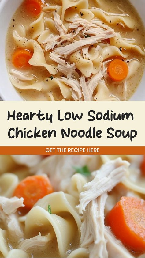 Delight your taste buds with a comforting bowl of low sodium chicken noodle soup that is both nourishing and delicious. This easy recipe is perfect for chilly days or when you're feeling under the weather. Packed with tender chicken, hearty vegetables, and satisfying noodles, it's a satisfying meal that the whole family will love. Make a big batch to enjoy throughout the week or freeze for future quick meals. Warm up your soul with this homemade soup that's healthier without sacrificing flavor! Low Salt Soup Recipes, Healthy Chicken Noodle Soup Recipes, Low Sodium Recipes Crockpot, Low Sodium Crock Pot Meals, Low Sodium Chicken Soup, Low Sodium Soup Recipe, Low Sodium Crockpot Recipes, Low Sodium Chicken Noodle Soup, Low Sodium Soup Recipes