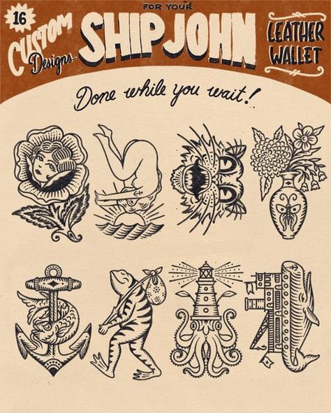 Kyler Martz on Instagram: "Saturday December 10th! We will be doing a flash day at @shipjohn … On wallets! We’ll have 5 different wallet options and 16 different stamps to choose from. Swipe to see em all. Stamped and stitched while you wait! Note: we can NOT stamp existing wallets or any other items. 12/10 11-6 in-store only. Limited quantities. Which one are you gettin?! Should be a fun day. See you at the shop, 4310 SE Division St, Portland." Tradition Cowboy Tattoo, Bob Shaw Tattoo Flash, American Traditional Western Flash, Steve Soto Tattoo Flash, Vintage Cowboy Tattoo Flash, Which One Are You, Good Day, Leather Wallet, Wallet