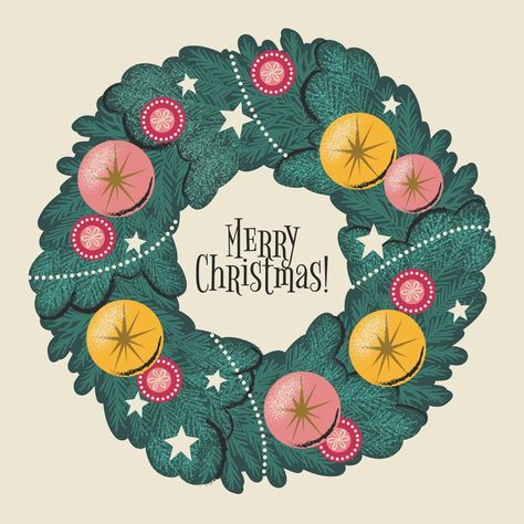 Holiday Wreath Illustration, Christmas Wreaths Illustration, Wreath Illustration Christmas, Vintage Christmas Illustration, Christmas Door Design, Christmas Wreath Illustration, Christmas Poster Design, Christmas Graphic Design, Wreath Illustration