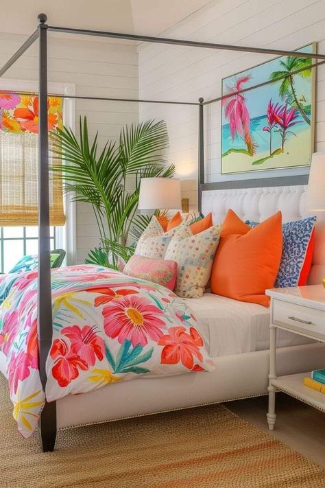 Preppy Summer Bedroom, Tropical Resort Bedroom, Tropical Girls Bedroom, Summer Bedrooms, Bright Room Colors, Tropical Bedrooms, Beachy Room, Bedroom Bliss, Master Bedrooms Decor