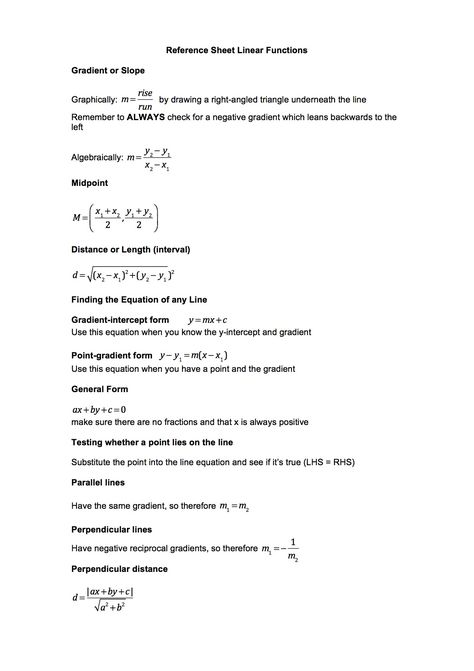 Formula sheet or reference sheet for linear functions or linear relationships, distance, midpoint, gradient, equation of lines Sat Math Questions, Midpoint Formula, Formula Sheet, Coordinate Geometry, Linear Relationships, Exponential Functions, Sat Math, Quadratic Functions, Linear Function