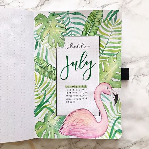 @wiscobujo 's tropical themed bullet journal cover, bujo, jungle, plants, flamingo's, summer Leaf Types, Jungle Plants, Bullet Journal Month, Bullet Journal Cover, Bullet Journal Banner, Bullet Journal Cover Page, Bullet Journal Notes, Bullet Journal Mood, Bullet Journal Aesthetic