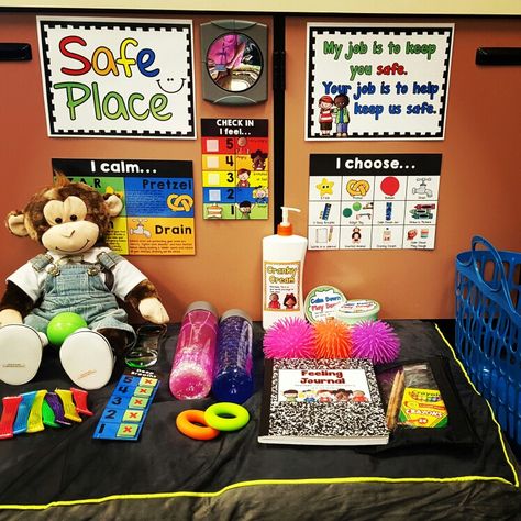 https://www.teacherspayteachers.com/Product/Creating-a-Safe-Place-Posters-Materials-and-Guide-for-Setup-2775796 This is my latest product "Creating a Safe Place" all set up in my classroom. This is a great way to teach self-regulation and calm down strategies. My students have been very successful since the implementation of this in my classroom. Safe Place In Classroom, Self Regulation Area Eyfs, Safe Spot In Classroom, Preschool Safe Place, Classroom Self Care Station, Classroom Break Space, Calming Center In Classroom, Conscious Discipline Safe Place, Calm Area In Classroom