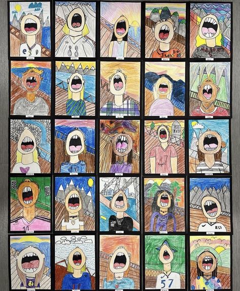 The Scream Art Project, Self Portrait Kids, 3rd Grade Art Lesson, Elementary Art Lesson Plans, Art Emotions, Scream Art, Art Fil, Art Projects For Teens, Art Classroom Decor