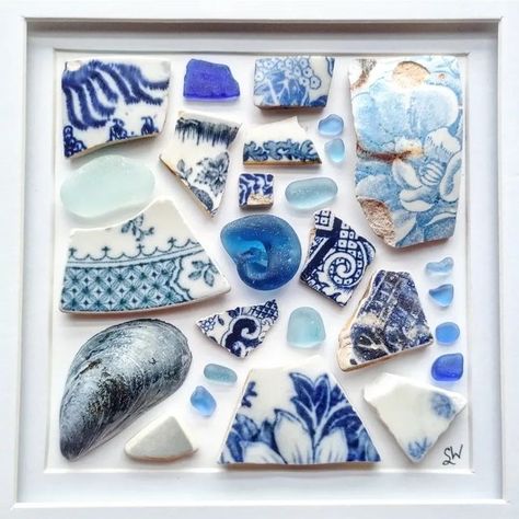 Steph || Red Island Sea Glass on Instagram: "NEW Sea Treasure Frames in shop 💙💙💙💚💚💚❤️❤️❤️ Swipe to see all 4 of them! All of my frames are filled with real hand-collected sea treasures (Not prints). So many special and rare pieces in every frame! 💕💓💘 Link in bio or send me a message on here for a PayPal invoice ☺️ I've added some new marble listings to the shop as well ✨ Let me know which one speaks to you 👄 #seaglass #seapottery #handmadeincanada #sustainableshopping #ecofriendlyprodu Seaglass Display Ideas, Seaglass Display, Sea Glass Display, Sea Glass Collection, Natural Crafts, Sea Treasure, Sea Glass Mosaic, Sea Glass Art Projects, Pottery Projects