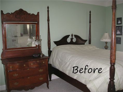 Kammy's Korner: Four Poster Bed: Cherry Finish Meets Shabby Chic  BEFORE Refinish Bedroom Furniture, Rice Bed, Cherry Bedroom Furniture, Cherry Bedroom, 4 Poster Bed, Dark Wood Bedroom, Bed Makeover, Poster Beds, Cherry Furniture