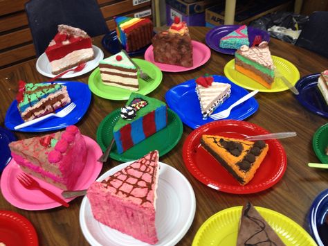 Grade 5 papier-mâché cake & pie slices Wayne Thiebaud Cakes, Pie Craft, Sweets Art, Art Classroom Management, Pies Art, Food Sculpture, 6th Grade Art, Wayne Thiebaud, Cake Pie