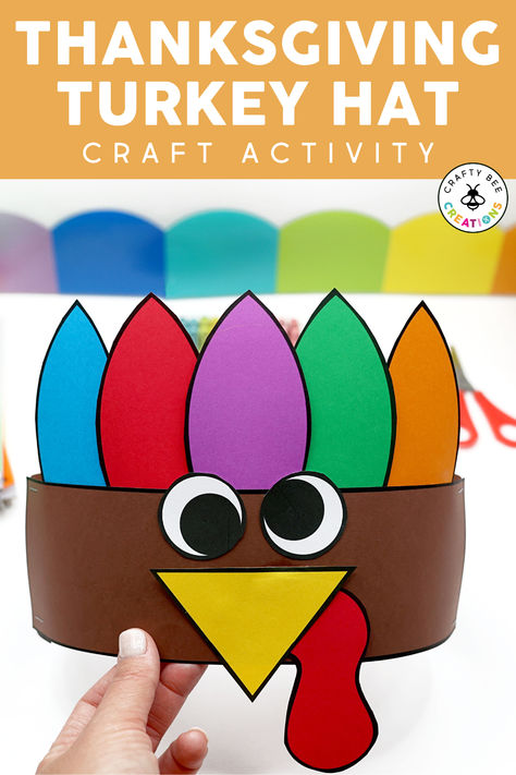 Use this Turkey Hat Craft to celebrate Thanksgiving and all of the November festivities this fall! Print it on cardstock or colored construction paper to make the day festive and fun. Kids in preschool, kindergarten, first grade, and beyond will love parading this fun hat around the classroom. Write what students are thankful for on the feathers or add it to fine motor centers to cut and paste practice. Preschool Turkey Headband Crafts, 1st Grade Turkey Craft, Thanksgiving Craft Kindergarten Easy, Thanksgiving Day Headband, Thankful For Crafts Preschool, Thanksgiving Crafts With Construction Paper, Fall Headband Craft Preschool, Turkey Crafts Kindergarten, Turkey Crown Craft