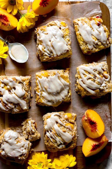 Peach Scones, Glazed Peaches, Gluten Free Scones, Scones Ingredients, Bananas Foster, Sugar Glaze, Gf Desserts, Peach Pie, Sweet Peach