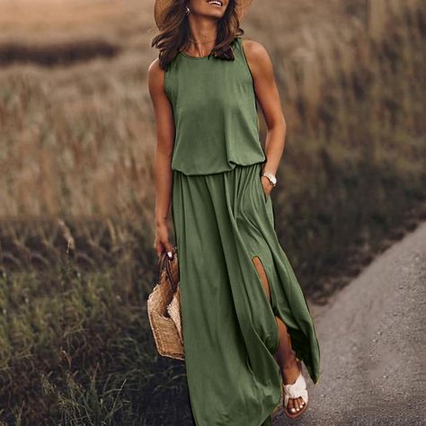 Buy MELDVDIB Women Sleeveless Casual Pure Color Summer Swing Long Dresses Daily Party Beach Round Neck Summer Sundress Holiday, Gift on Clearance at Walmart.com Moda Over 50, Midi Skirt Outfits, Casual Wedding Guest, Solid Maxi Dress, Finding My Style, Wedding Guest Outfits, Sleeveless Dresses, Elegante Casual, Split Maxi Dress