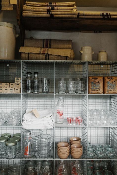 Wire Baskets Pantry, Wire Storage Cubes, Self Decor Ideas, Wire Cube Storage Ideas, Container Storage Ideas, Cafe Storage, Storage Space Ideas, Space Organization Ideas, Rich Stapleton