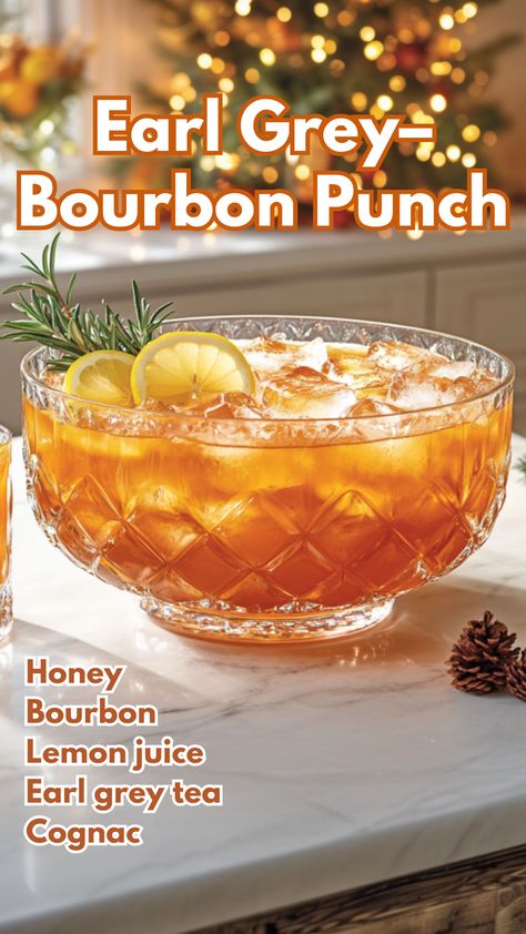 Earl Grey–Bourbon Punch Bourbon Thanksgiving Drinks, Thanksgiving Bourbon Punch, Southern Drinks Alcohol, Cognac Drink Recipes, Bourbon Punch For A Crowd, Earl Grey Cocktail, Bourbon Punch, Bourbon Honey, Dickens Christmas