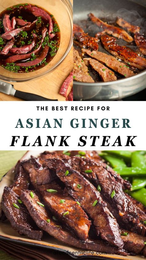 Lean flank steak is marinated in a rich ginger soy blend and cooked to perfection for your dinner. Halve this recipe for 2 servings or double for a bigger group. Slow Cook Flank Steak Crock Pot, Flank Steak Dinner Ideas, Balsamic Vinegar Marinade, Flank Steak Crock Pot, Asian Flank Steak, Asian Salads, Steak Marinated, Marinade Flank Steak, Soy Ginger Sauce