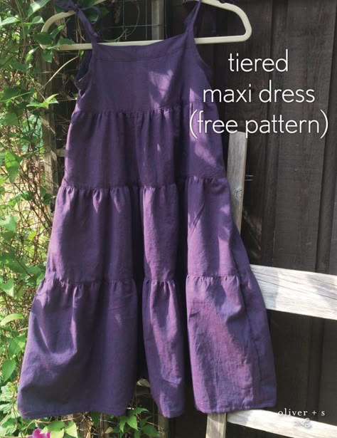 Learn how to make a tiered maxi dress using the Oliver + S Popover Sundress (free pattern!) Tiered Dress Pattern, Diy Maxi Dress, Dress Sewing Patterns Free, Sundress Pattern, Skirt Diy, Summer Dress Patterns, Girl Dress Pattern, Summer Sewing, Dress Patterns Free