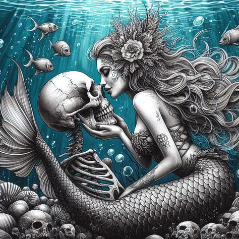 Mermaid Artwork Drawing, Water Siren, Skull Mermaid Tattoo, Mermaid With Skull Tattoo, Scary Mermaid Tattoo, Asian Mermaid Tattoo, Dark Ariel Tattoo, Mermaid Skeleton Tattoo Designs, Mermaid Holding Skull Tattoo