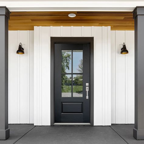 Black Door With Glass Panel, Black Door With Window, Modern Single Front Doors, Ranch Front Door Ideas, Fiberglass Front Doors With Glass Panels, Farmhouse Front Doors With Glass Panels, Modern Colonial Front Door, Black Door Exterior Front Entry, Farmhouse Black Front Door