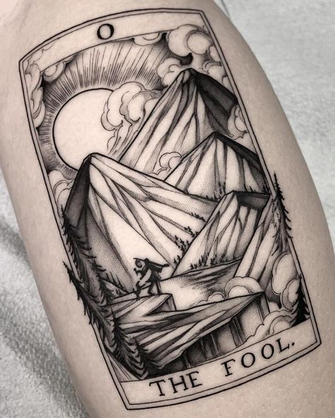 The Fool tarot card by Squire Strahan an artist at Heart Tattoo in Tampa heights, Florida. The Fool Tattoo, Fool Tattoo, Hermes Tattoo, Tarot Card Tattoo, Tarot Tattoo, Card Tattoo Designs, Surreal Tattoo, Scary Tattoos, Hip Tattoos Women