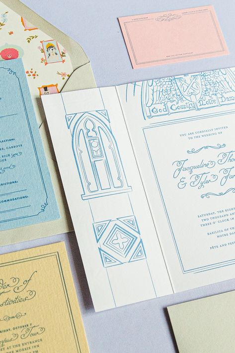 A Wes Anderson Themed, God Country Notre Dame Illustrated, Wedding Invitation — Loesch Studio Wes Anderson Wedding Invitation, Wes Anderson Wedding, Wes Anderson Films, Grand Budapest, English Wedding, Invitation Inspiration, Wes Anderson, Wedding Menu, Sacred Heart