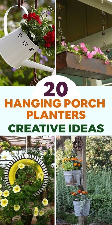 DIY Hanging Porch Flower Planters Diy Hanging Planter Outdoor Front Porches Plant Hangers, Creative Hanging Planters, Railing Planters Diy, Hanging Garden Decor, Recycled Garden Planters, Small Garden Plans, Hanging Planter Boxes, Front Porch Plants, Junk Garden