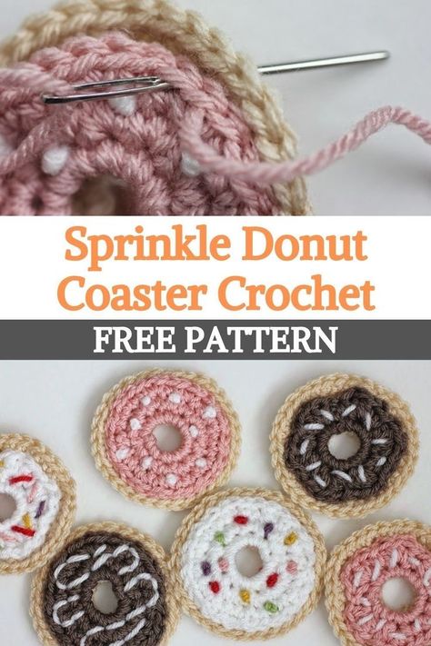 Crochet Patterns Trinket Dish, Crochet Donut Coasters Free Pattern, Crocheted Coffee Cup Coasters, Cute Coaster Crochet Pattern Free, Crochet Donut Coasters, Crochet Coasters Funny, Crochet Drink Coasters Free Pattern, Free Pattern Crochet Coasters, Crochet Food Set