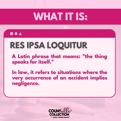 Ever heard of Res Ipsa Loquitur? This fancy Latin phrase means "the thing speaks for itself" ⚖️. Swipe to learn how accidents can point the finger at who's responsible ➡️ Stay tuned and let us know in the comments what legal phrases you want us to feature next! . . . . . #LegalDoctrinesDecoded #legalhistory #legalterms #legaldoctrines #ResIpsaLoquitur #Torts #lawschool #legalthemed #thecounsellecollection #counsELLEcollection™️ #thecounsELLEcollection #counsELLE™️ #counselleco Latin Terms, Law School Preparation, Lawyer Aesthetic, Legal Terms, Lsat Prep, School Preparation, Phrase Meaning, Latin Phrases, Law School