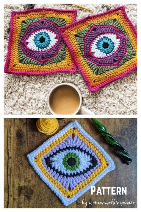 Crochet Eyes Granny Square, Granny Eye Square, Crochet Eyeball Blanket, Granny Blocks Crochet, Crochet Patterns Using Granny Squares, Crochet Eyes Blanket, Eyeball Granny Square Pattern Free, Hippy Granny Square, Crochet Eye Granny Square Pattern