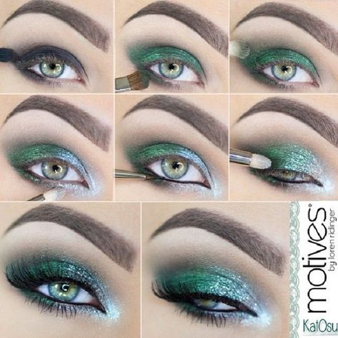 emerald-green Green Eye Makeup, Green Eyeshadow Look, Seductive Eyes, Silver Makeup, Make Up Tutorials, Sparkly Eyes, Make Up Inspiration, Green Makeup, Eye Makeup Steps