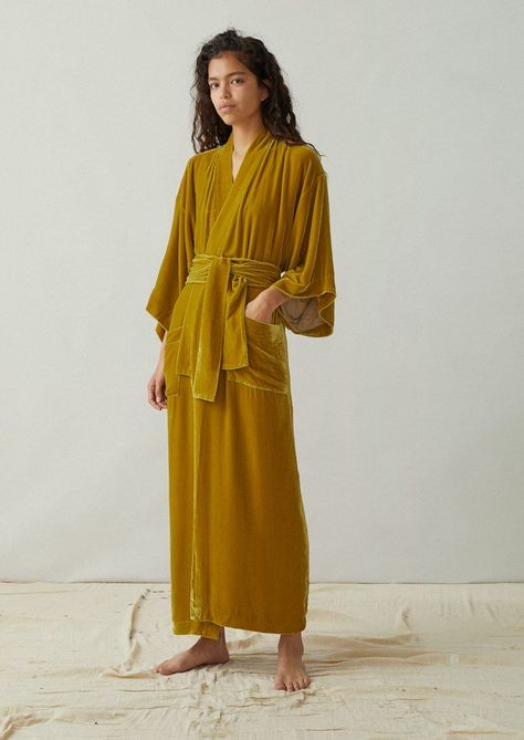 Toast Silk Velvet gown in mustard yellow Silk Robe Dress, Velvet Dressing Gown, Dressing Gown Robe, Printed Gowns, Velvet Gown, Ladies Gown, Gold Silk, Women Nightwear, Gowns With Sleeves