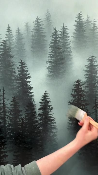 ArtistSarahMckendry on TikTok Misty Pine Tree Painting, Misty Woods Painting, Forest Painting Acrylic Easy, Misty Forest Painting, Tattoo Touch Up, Misty Trees, Pine Tree Painting, Masculine Interior, Tree Mural