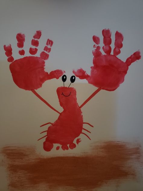 Under The Sea Art For Toddlers Ocean Themes, Ocean Art Projects For Infants, Beach Theme Infant Art, Crab Footprint Craft, Infant Beach Art, Red Infant Crafts, Under The Sea Projects For Kids, Ocean Infant Crafts, Ocean Theme Infant Classroom