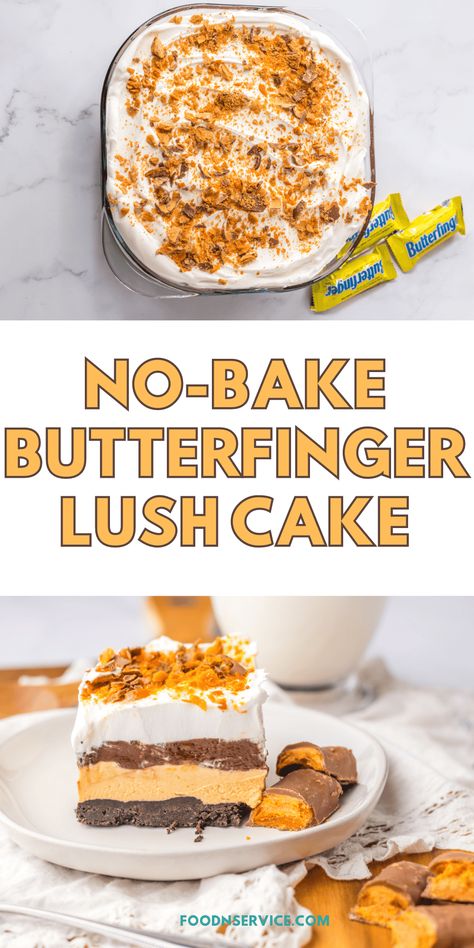 Indulge in the creamy, crunchy, and oh-so-decadent no bake Butterfinger lush! This easy dessert is a guaranteed crowd-pleaser that will have everyone asking for seconds (and maybe even thirds). Layers of buttery goodness, creamy filling, and a generous sprinkle of Butterfinger pieces make this dessert an absolute must-try. Go on, treat yourself to a little slice of heaven! You deserve it! No Bake Lush Desserts, Butterfinger Lush Dessert, Baked Goods For A Crowd, Butterfinger Lush, No Bake Desserts Easy, Key Lime Icebox Cake, Butterfinger Dessert, Pudding Whipped Cream, Butter Finger Dessert