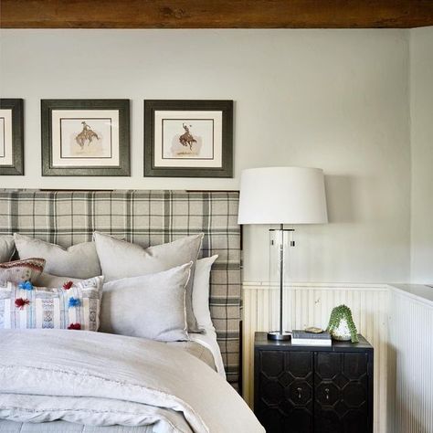 Duet Design Group on Instagram: "A layered oasis. Who wouldn't want a plaid headboard? // Project: All Saints Photo: @davidpatterson Bed: @vanguardfurniture Bedding: @pompomathome Pillows: @sundancecatalog Ottoman Upholstery: @rosemaryhallgarten #duetdesigngroup #bedding #bedroomdecor #denverbedroom #denverinteriordesign #denverinteriordesigner #beddecor #plaidheadboard" Plaid Headboard Bedroom, Plaid Upholstered Headboard, Plaid Headboard, English Country House Interior, Headboard Projects, Tartan Bedding, Ottoman Upholstery, Light Blue Plaid, Upholstery Bed