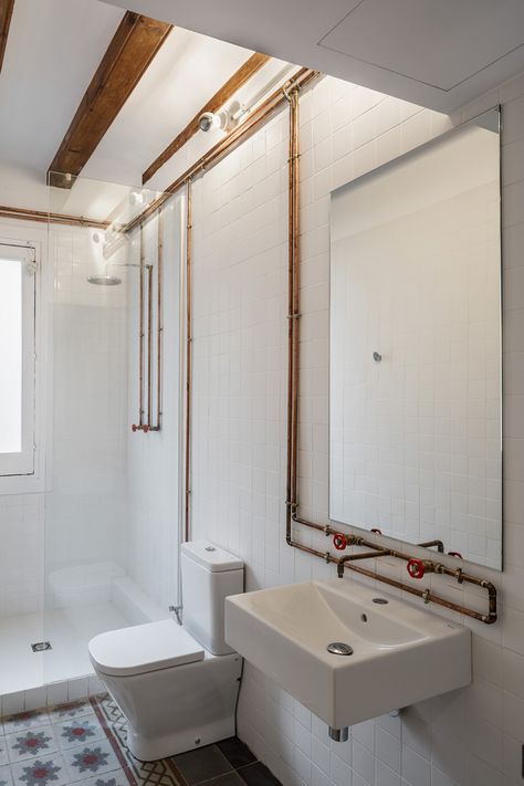 Exposed Plumbing, Beautiful Tile Floor, Small Bathroom Remodel Designs, Mold In Bathroom, Barcelona Apartment, Industrial Bathroom, Bathroom Remodel Designs, Basement Bathroom, Small Bathroom Design