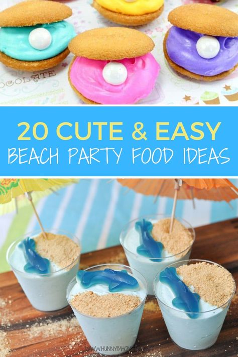 Looking for beach party ideas? You'll love this list of beach party food! It's full of beach party theme ideas, including beach party food ideas and beach themed party food. If you're hosting a beach themed party for kids, you'll love all these beach themed party ideas! There are beach theme party ideas for beach themed cupcakes, beach themed cakes, beach themed cookies, and beach themed snacks. #beachparty Pool Theme Food, Summer Theme Food, Ocean Snack Ideas, Beach Party Treats, Beach Treats For Kids, Beach Theme Snacks For Preschool, Beach Themed Birthday Party Ideas, Beach Themes Party, Food Ideas For Beach Party