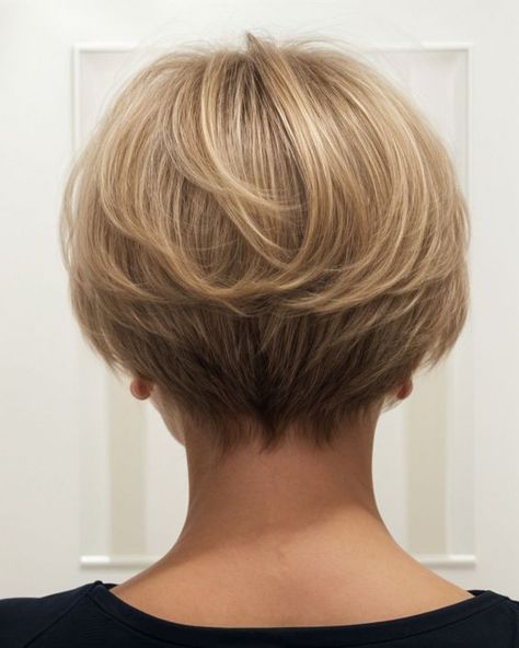 tapered haircut for women over 50 Tapered Back Haircut For Women, Short Tapered Bob, Stacked Short Haircut, Haircut From Back, Wedge Haircut For Women Over 50, Chin Length Haircuts For Thick Hair, Low Maintenance Short Haircut For Women, Short Fine Hair Over 50, Low Maintenance Haircut For Fine Hair